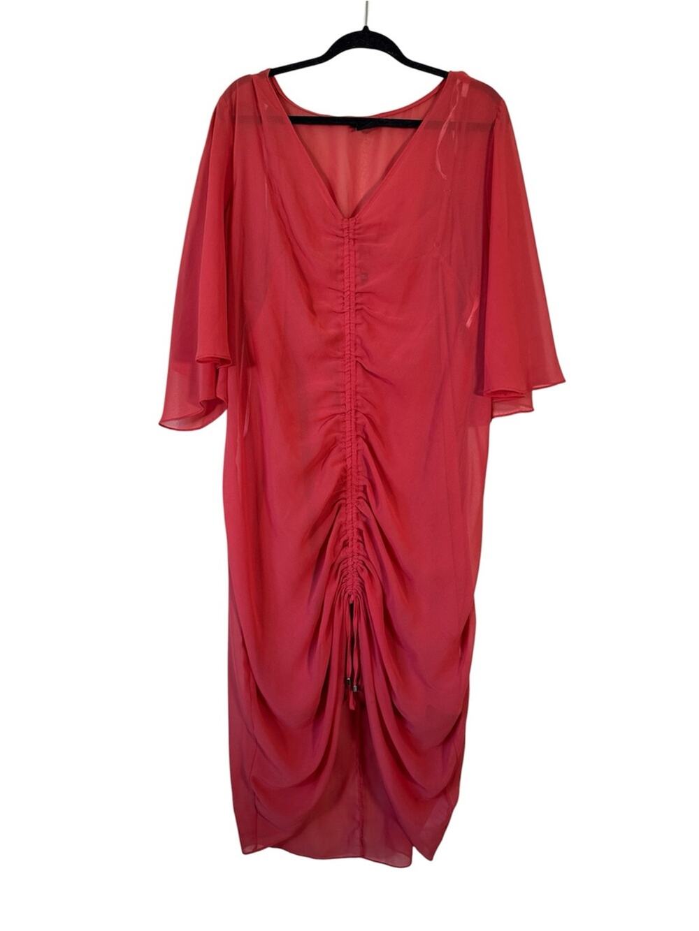 City Chic Reddish Orange Midi Dress Womens 18 Sheer Ruched Casual Classic Party